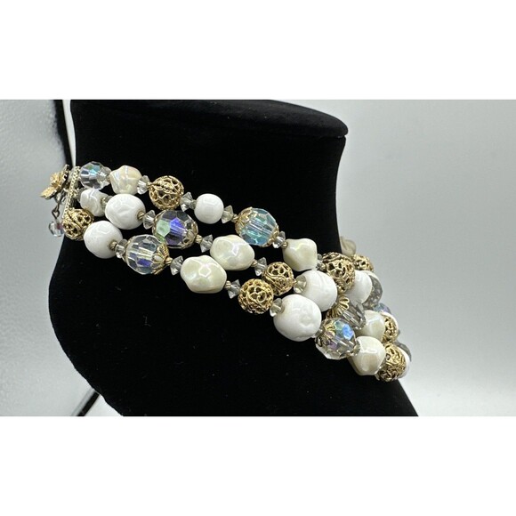 Vendome Coro Necklace Vintage Three 3 Strands Gold Cage Milk Glass Beads - Picture 7 of 12